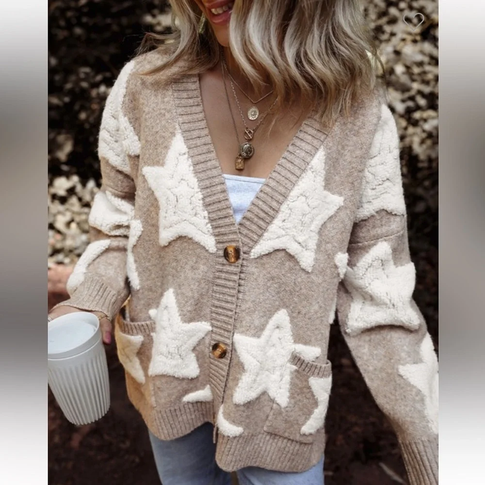 B058–(🚨 3 COLORS) Star Patterned Thick and Cozy Cardigan Sweater - Picture 5 of 7